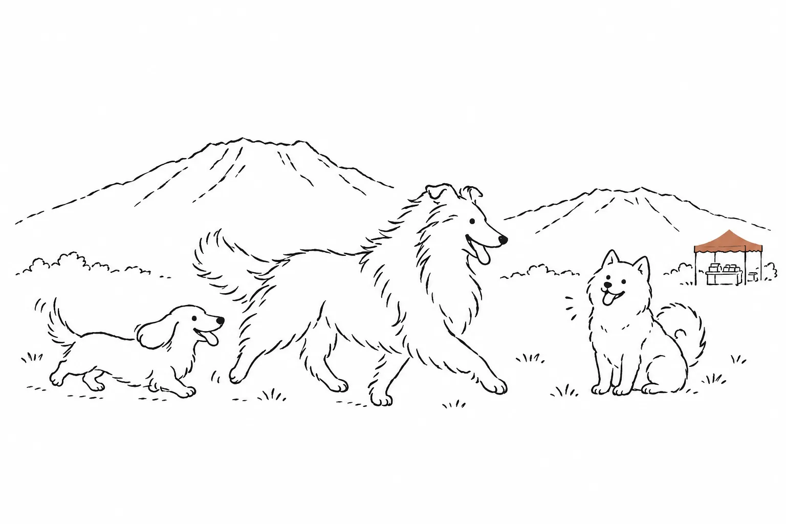 阿蘇の山並みを背景に楽しそうに過ごす犬たちの線画