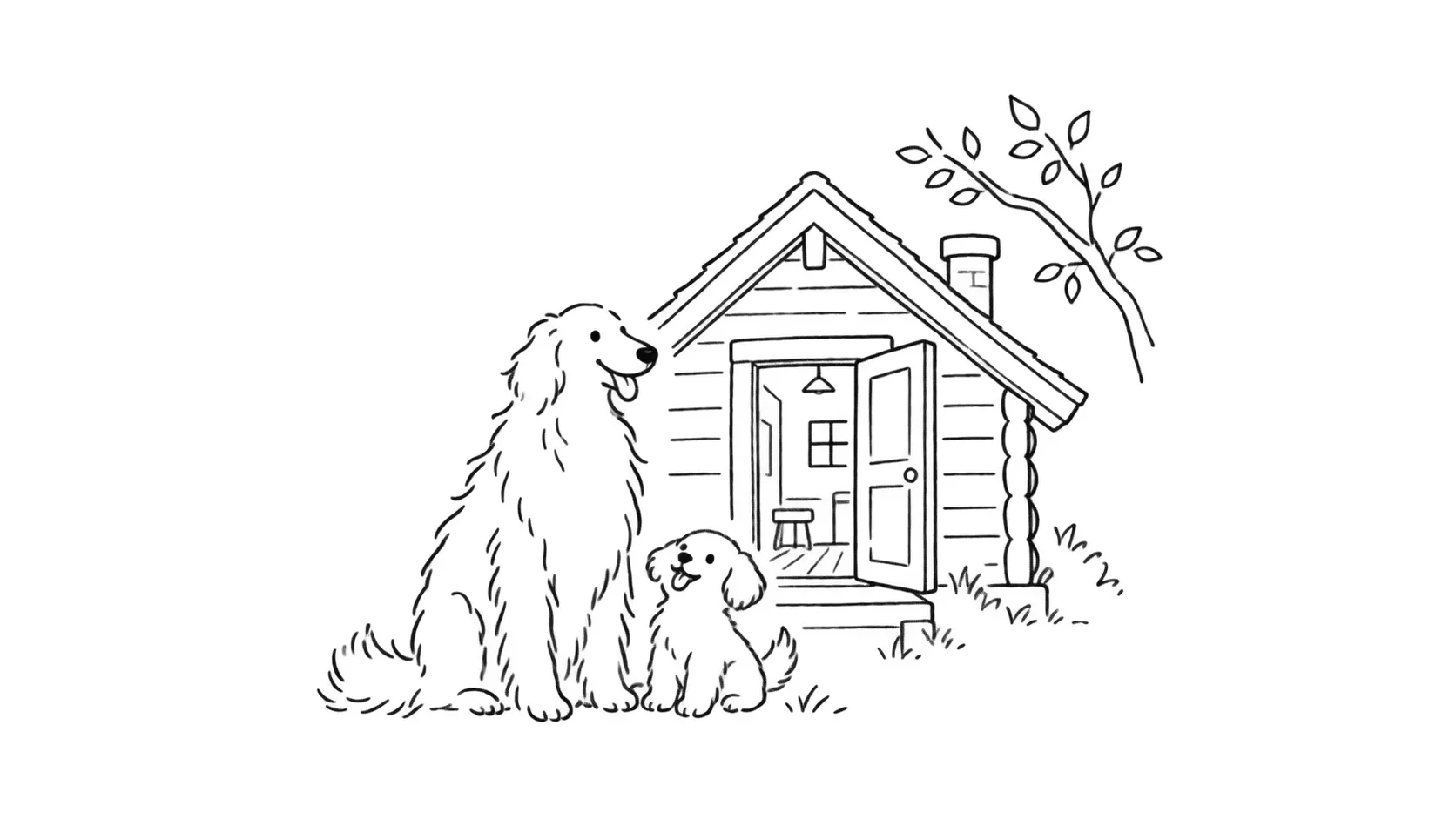 小さな木の家の前にいる2匹の犬の線画