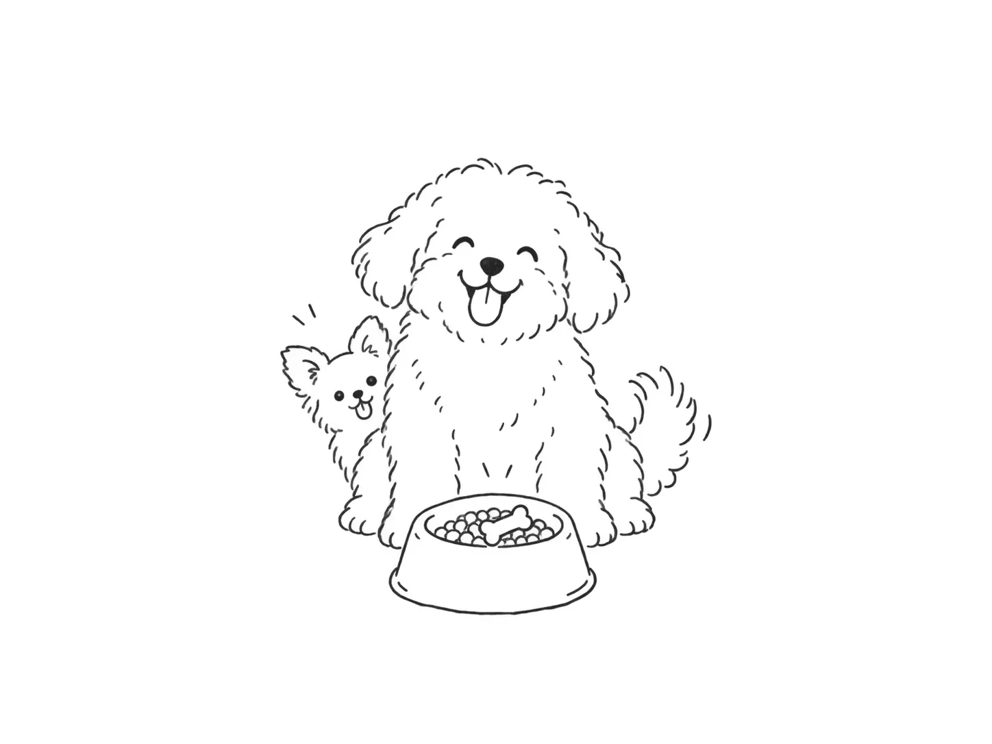 犬用の食事を前にした犬たちの線画