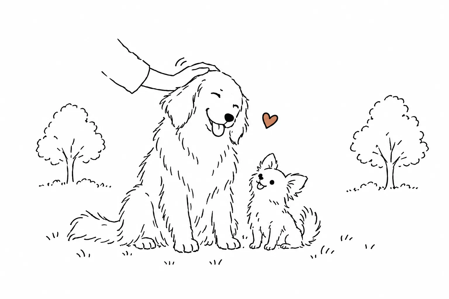 犬に優しく手を差し伸べる、動物とのふれあいの線画