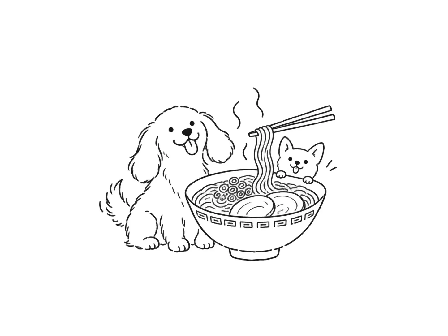 博多ラーメンの丼を囲む2匹の犬の線画