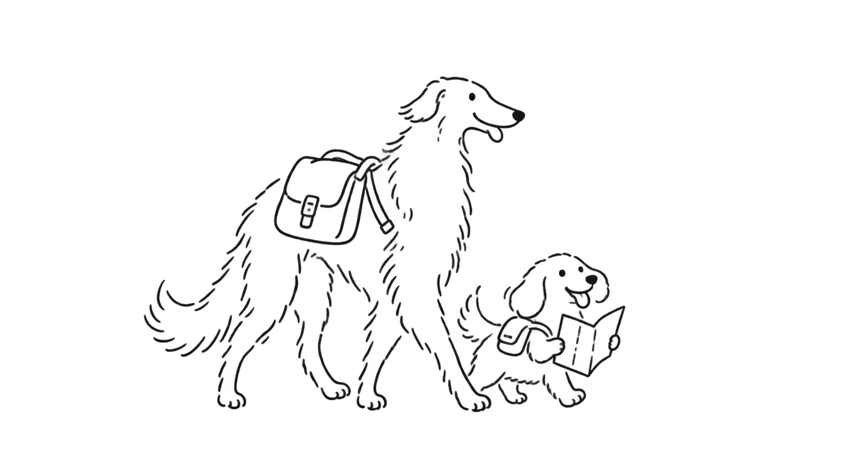 旅のかばんと地図を持って歩く2匹の犬の線画