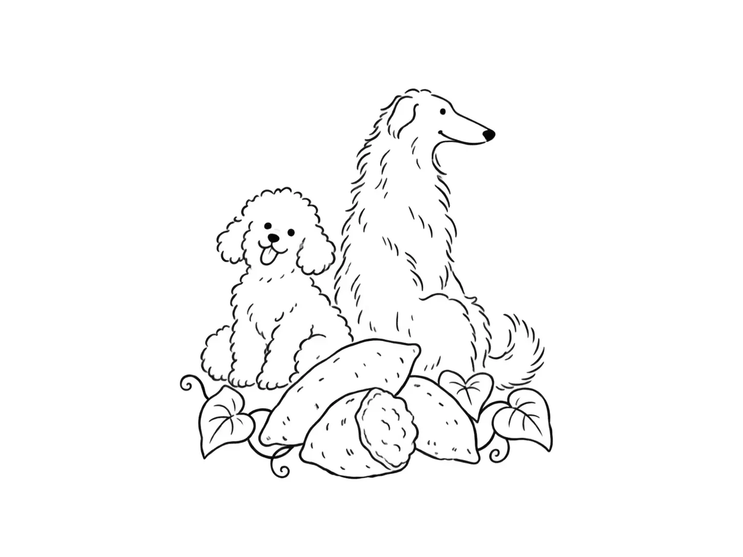 さつまいもを囲む2匹の犬の線画