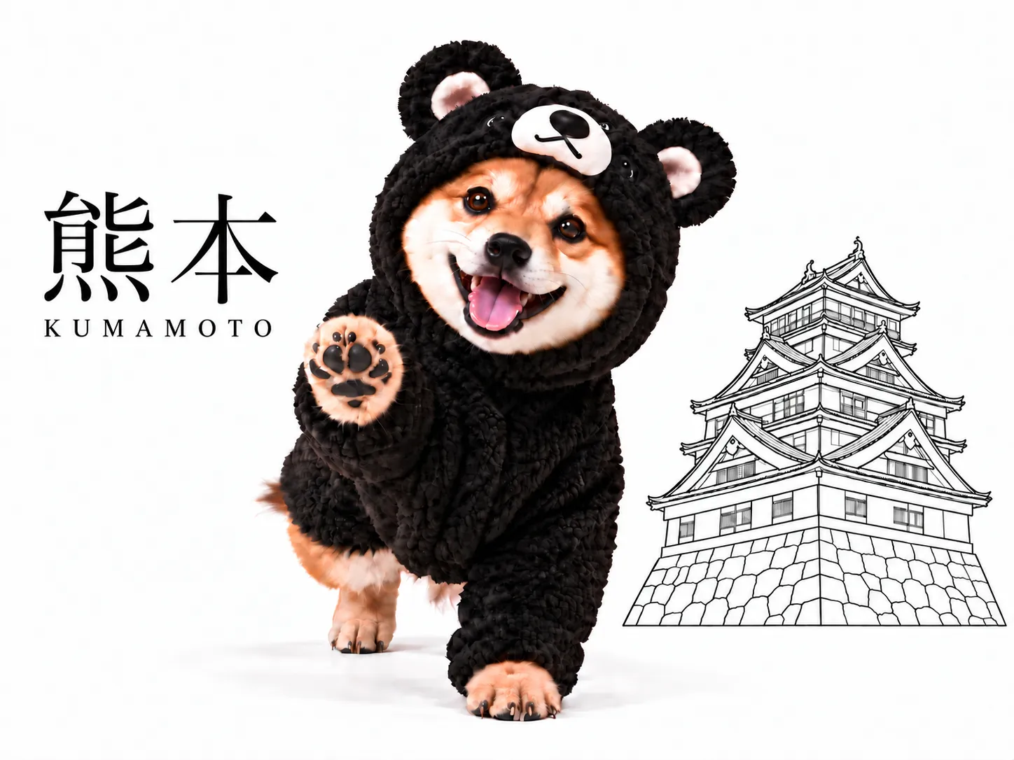 黒い熊の着ぐるみを着た柴犬、熊本の県名と熊本城・石垣の線画