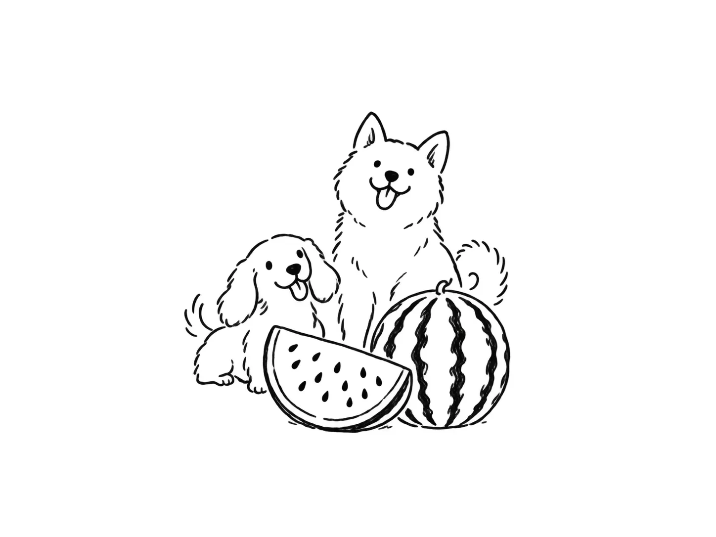 スイカのそばに座る2匹の犬の線画