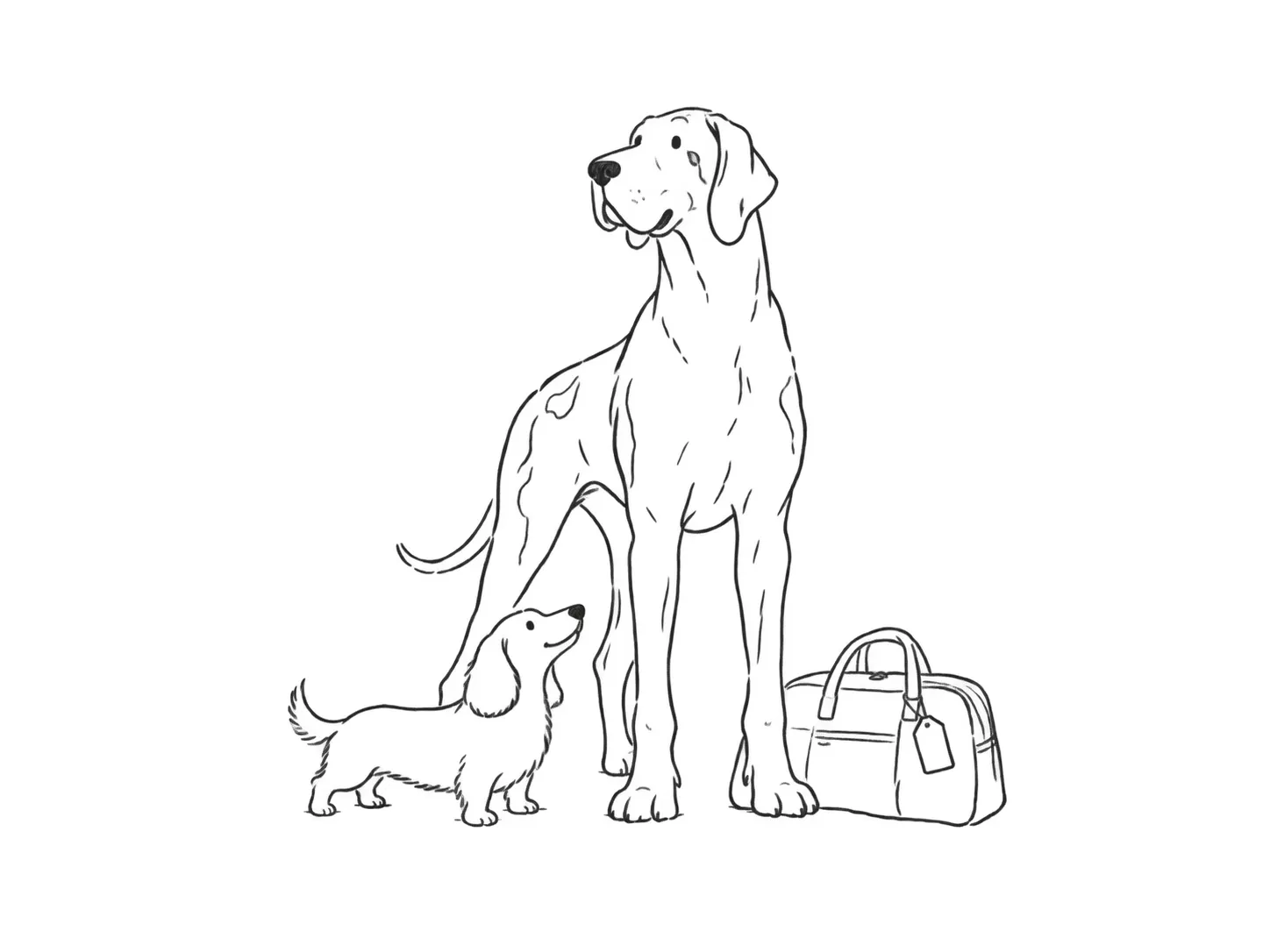 大きな犬と小さな犬が並ぶ線画