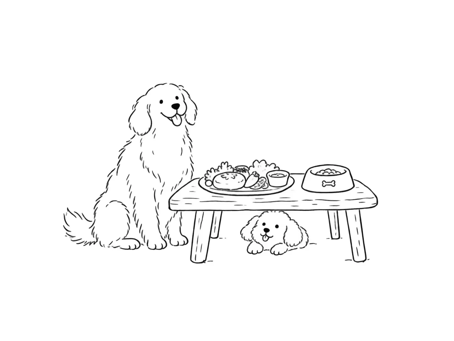 食卓と犬用の食事のそばにいる2匹の犬の線画