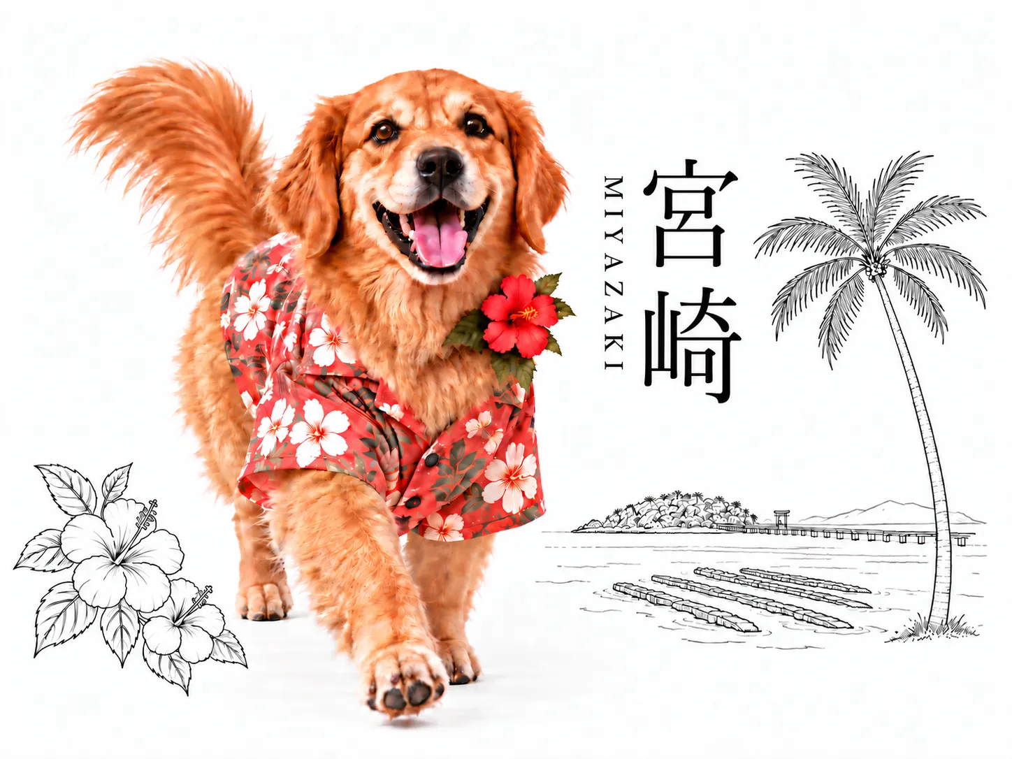 南国柄のシャツを着たゴールデンレトリバー、宮崎の県名と青島・ヤシ・ハイビスカスの線画