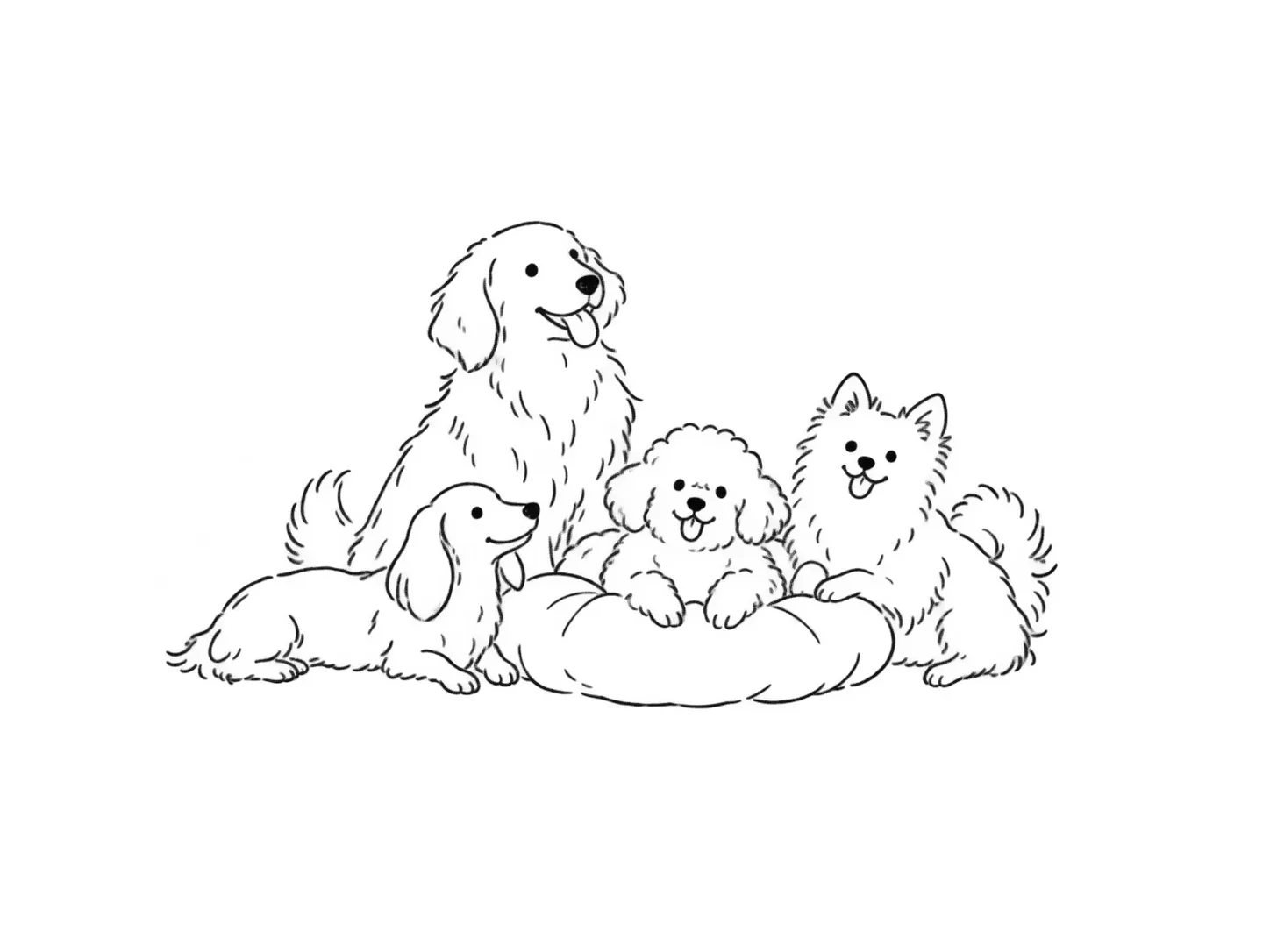4匹の犬が集まってくつろぐ線画