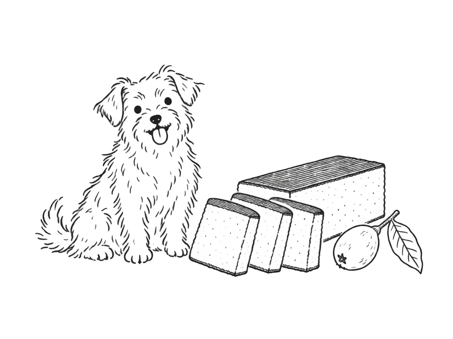 カステラとびわの横に座る犬の線画