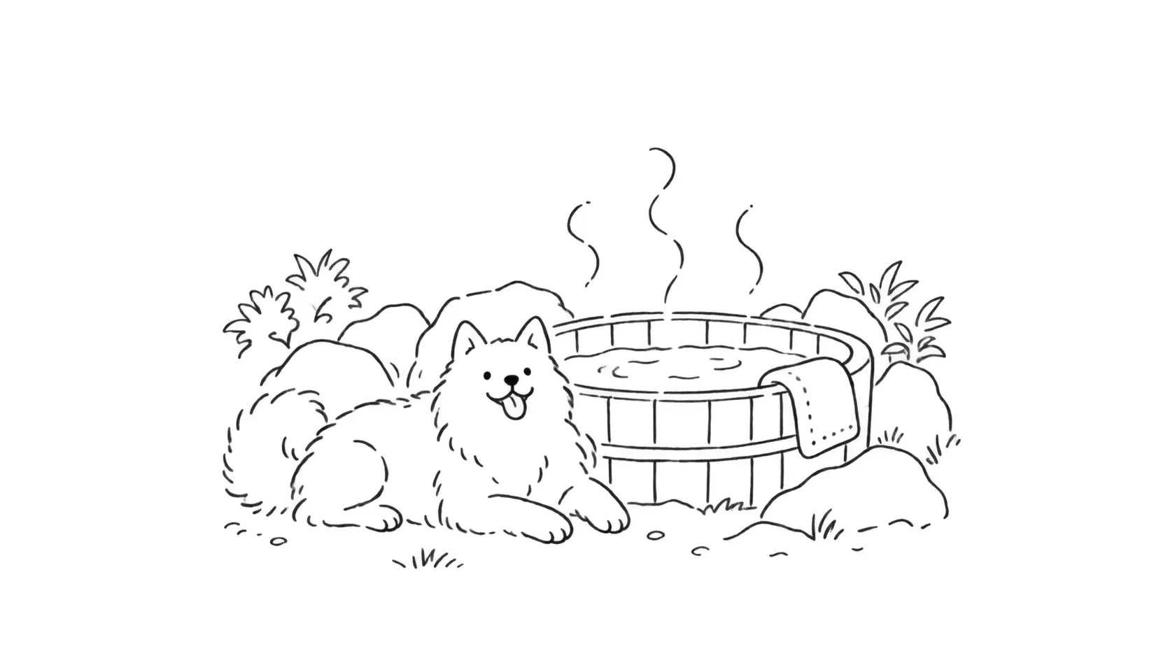 湯けむりのそばでくつろぐ犬の線画