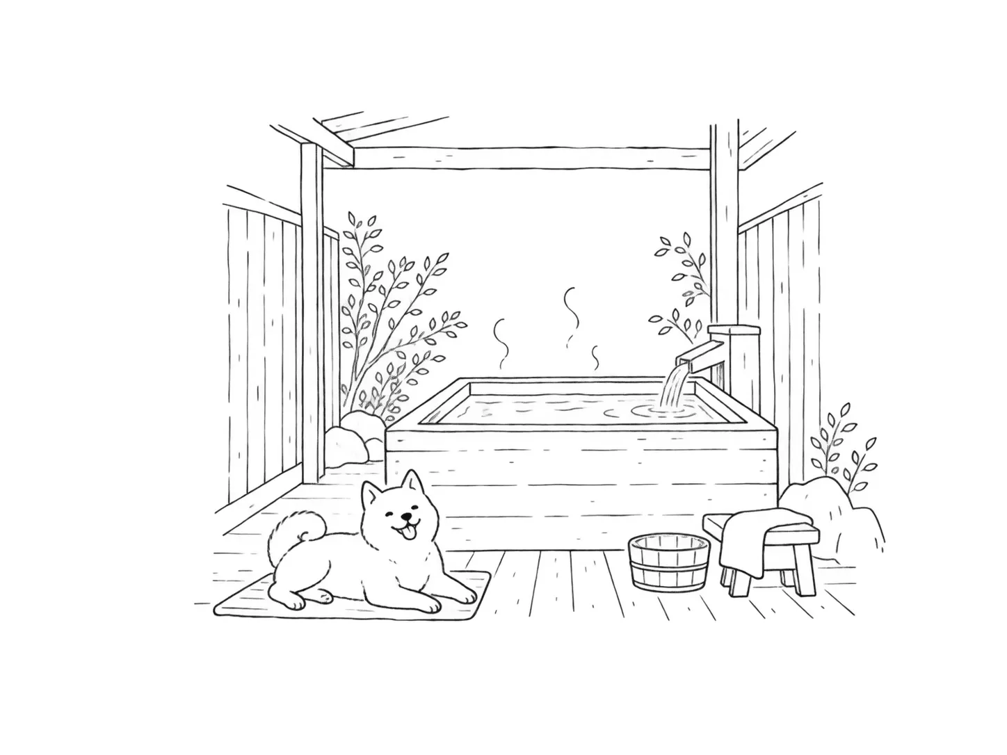 貸切露天風呂のそばで休む犬の線画
